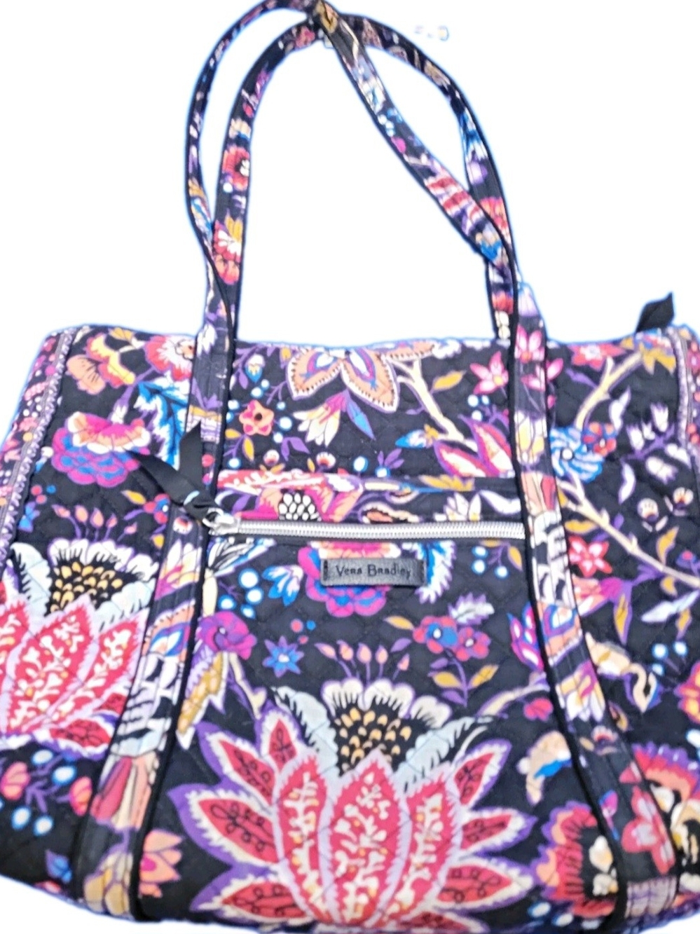 Vera Bradley Quilted Shoulder Tote Bag Black Multicolor Floral Paisley Purse